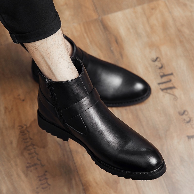 Zipper Pointed British Style High-top Large Size Leather Boots - Imagen 3