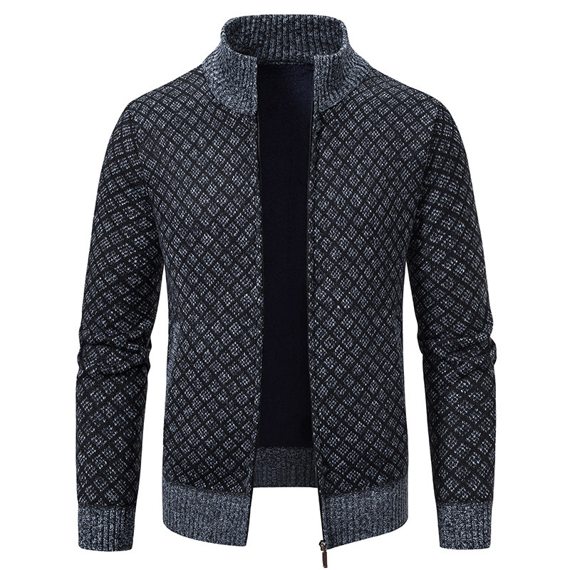 Thickened Plaid Print Jacket Cardigan Fashion Slim Fit Zipper Stand Collar Sweater Winter Men's Casual Long Sleeve Knitted Top Clothing - Imagen 5