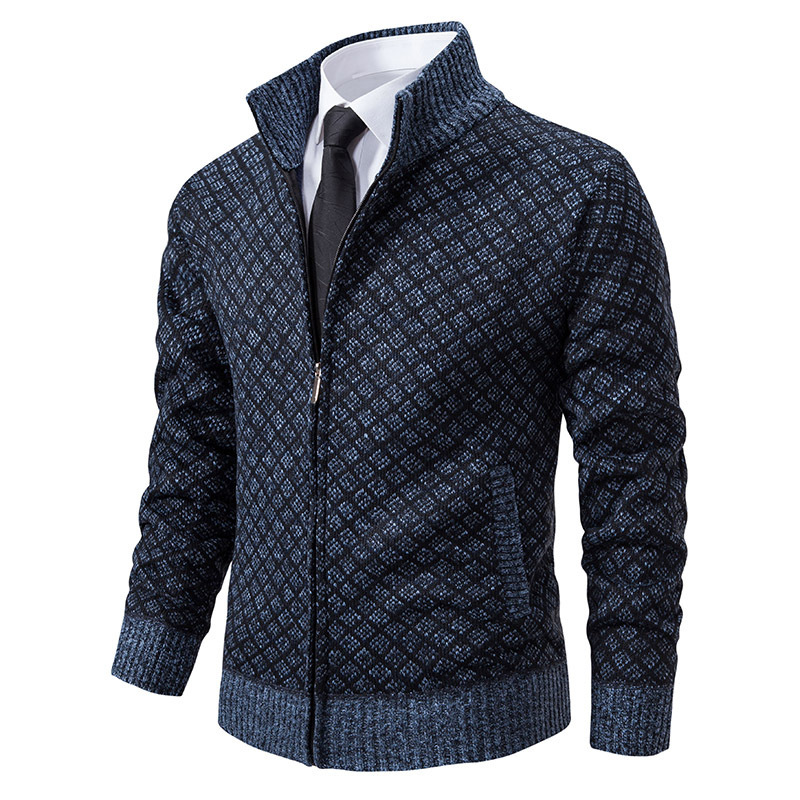 Thickened Plaid Print Jacket Cardigan Fashion Slim Fit Zipper Stand Collar Sweater Winter Men's Casual Long Sleeve Knitted Top Clothing - Imagen 9
