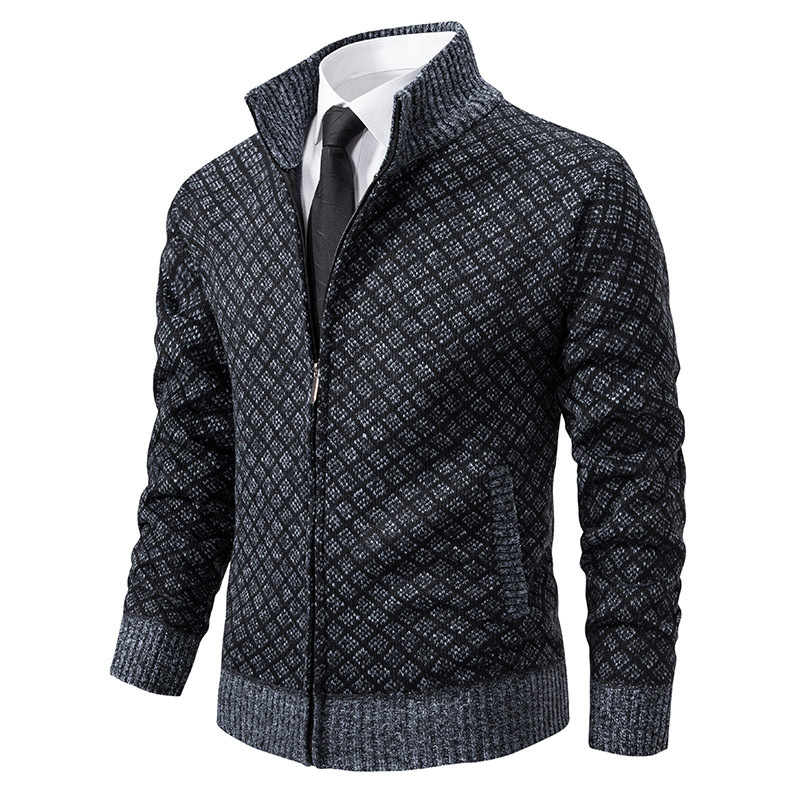 Thickened Plaid Print Jacket Cardigan Fashion Slim Fit Zipper Stand Collar Sweater Winter Men's Casual Long Sleeve Knitted Top Clothing - Imagen 10