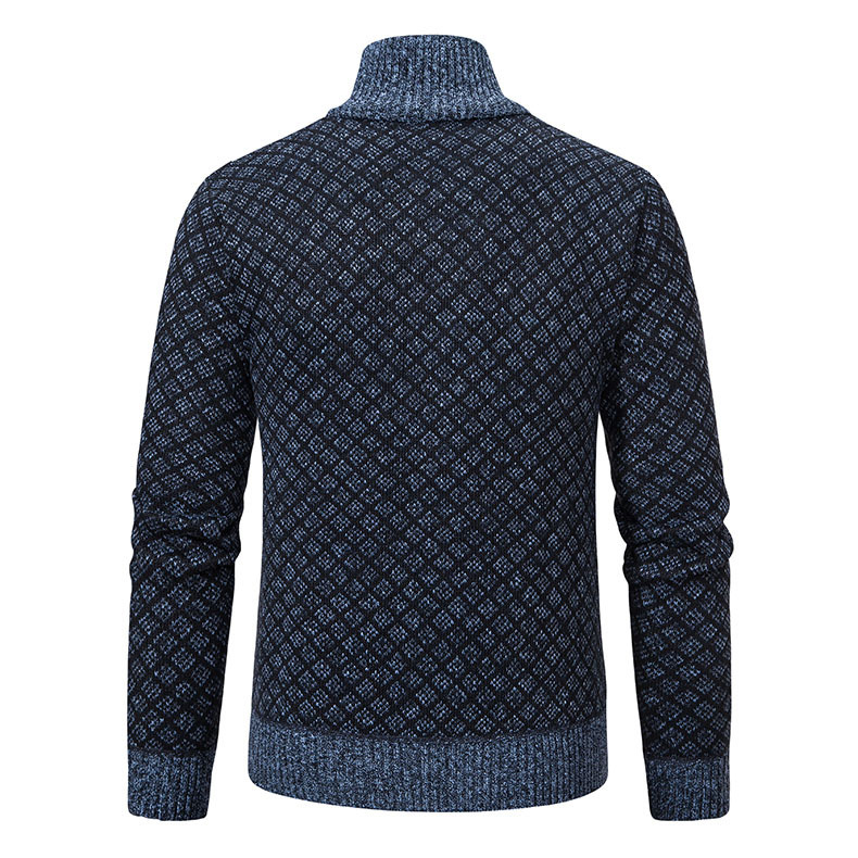 Thickened Plaid Print Jacket Cardigan Fashion Slim Fit Zipper Stand Collar Sweater Winter Men's Casual Long Sleeve Knitted Top Clothing - Imagen 2