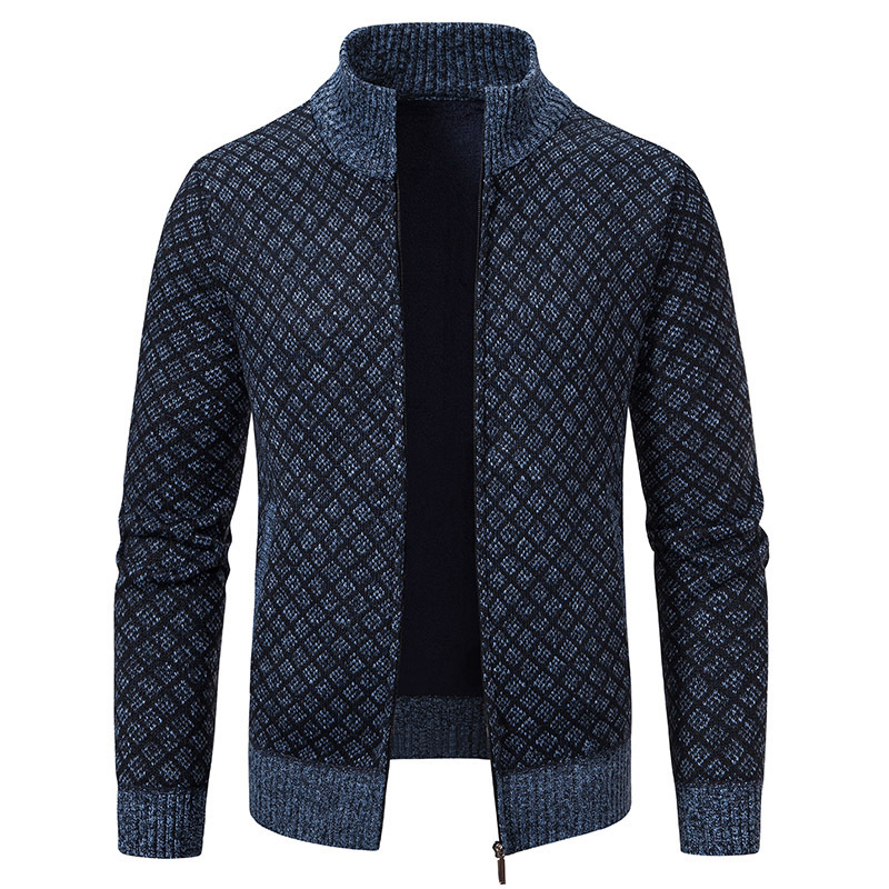Thickened Plaid Print Jacket Cardigan Fashion Slim Fit Zipper Stand Collar Sweater Winter Men's Casual Long Sleeve Knitted Top Clothing - Imagen 3