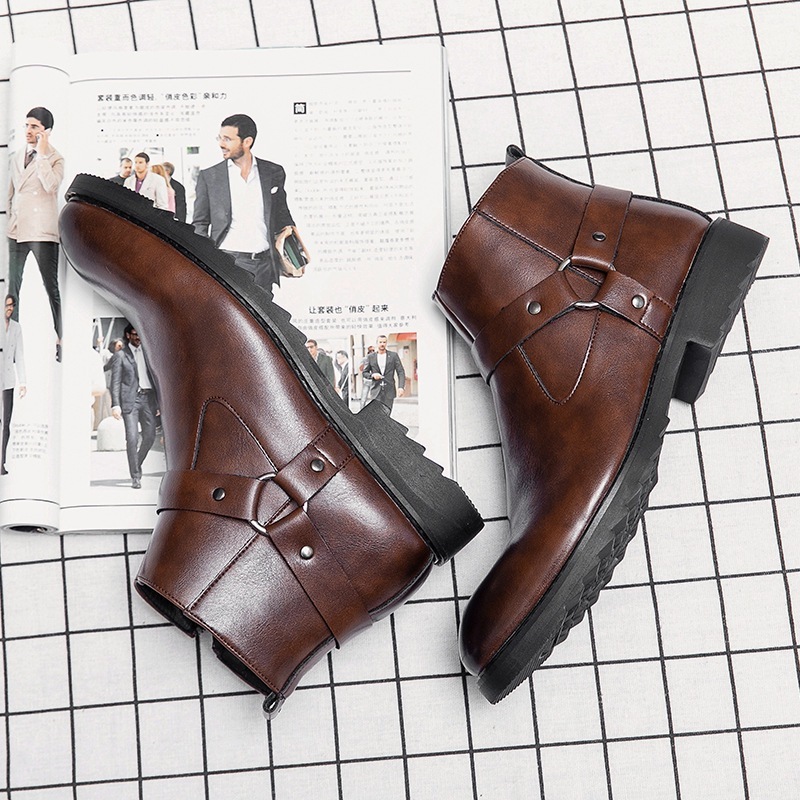 Zipper Pointed British Style High-top Large Size Leather Boots - Imagen 2