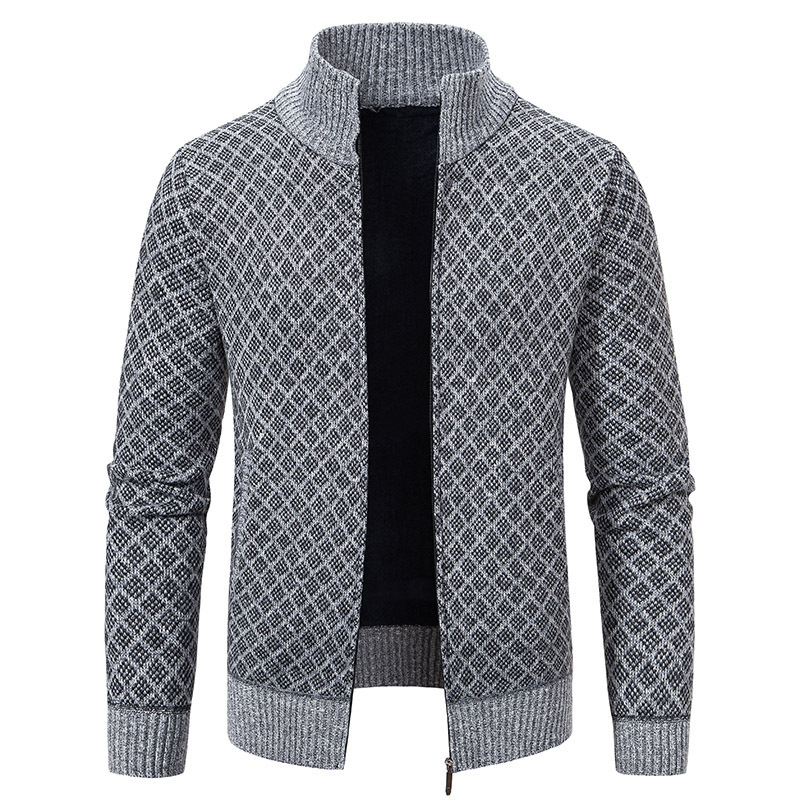 Thickened Plaid Print Jacket Cardigan Fashion Slim Fit Zipper Stand Collar Sweater Winter Men's Casual Long Sleeve Knitted Top Clothing - Imagen 4