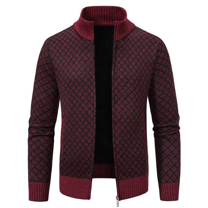 Thickened Plaid Print Jacket Cardigan Fashion Slim Fit Zipper Stand Collar Sweater Winter Men's Casual Long Sleeve Knitted Top Clothing - Imagen 8