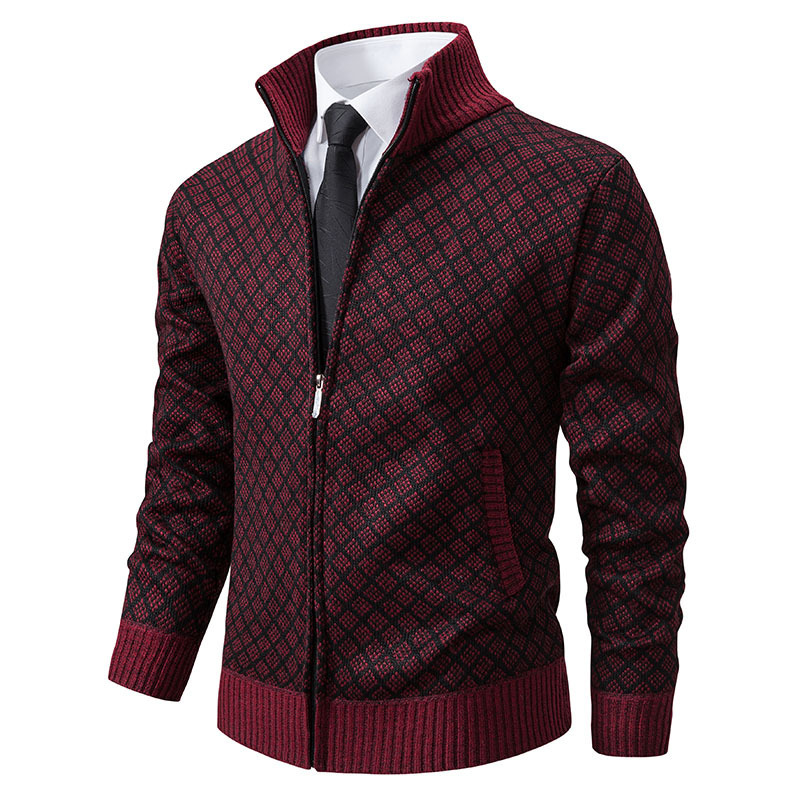 Thickened Plaid Print Jacket Cardigan Fashion Slim Fit Zipper Stand Collar Sweater Winter Men's Casual Long Sleeve Knitted Top Clothing - Imagen 7