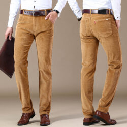 Men's Pockets Corduroy Trousers Winter Slim-fit Straight-leg Casual Pants Clothing