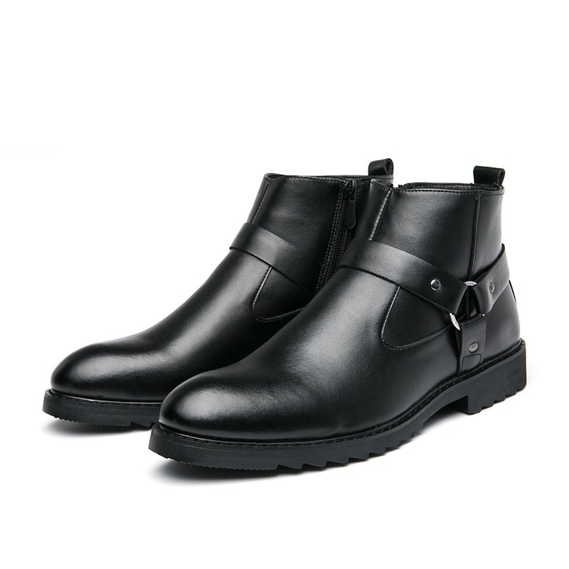 Zipper Pointed British Style High-top Large Size Leather Boots - Imagen 5