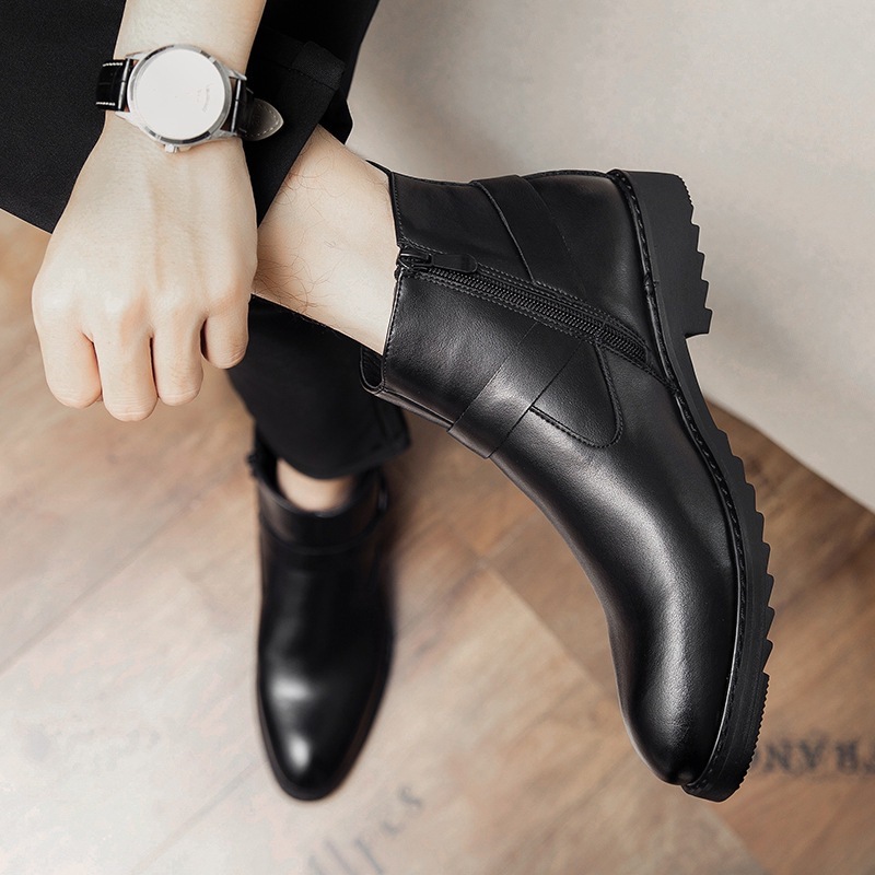 Zipper Pointed British Style High-top Large Size Leather Boots - Imagen 4